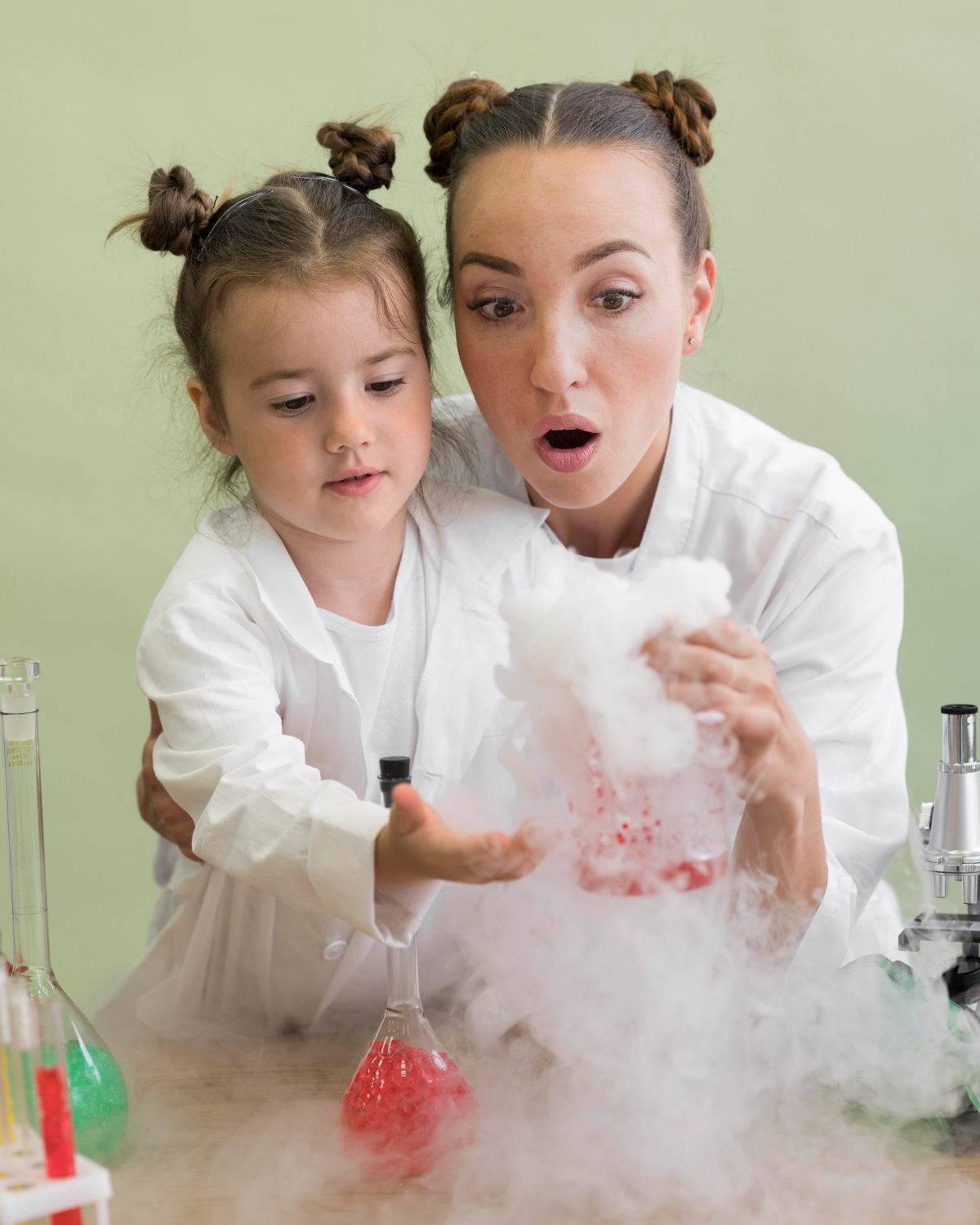 Image of a teacher with a student working on a science experiment.